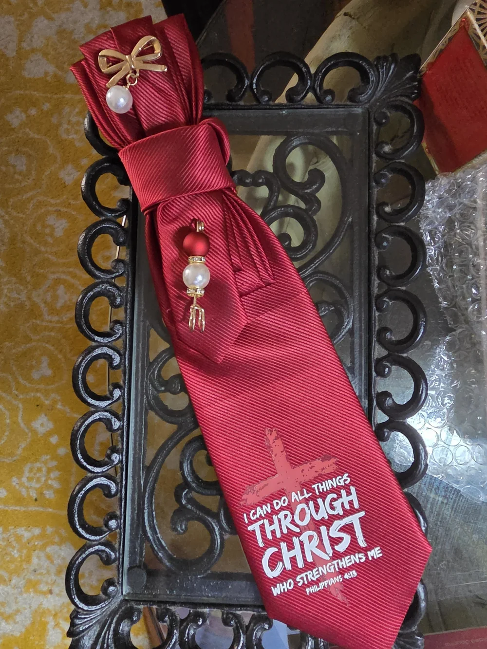 Elegant Red Bow Pendant Necklace with Pearl Accents